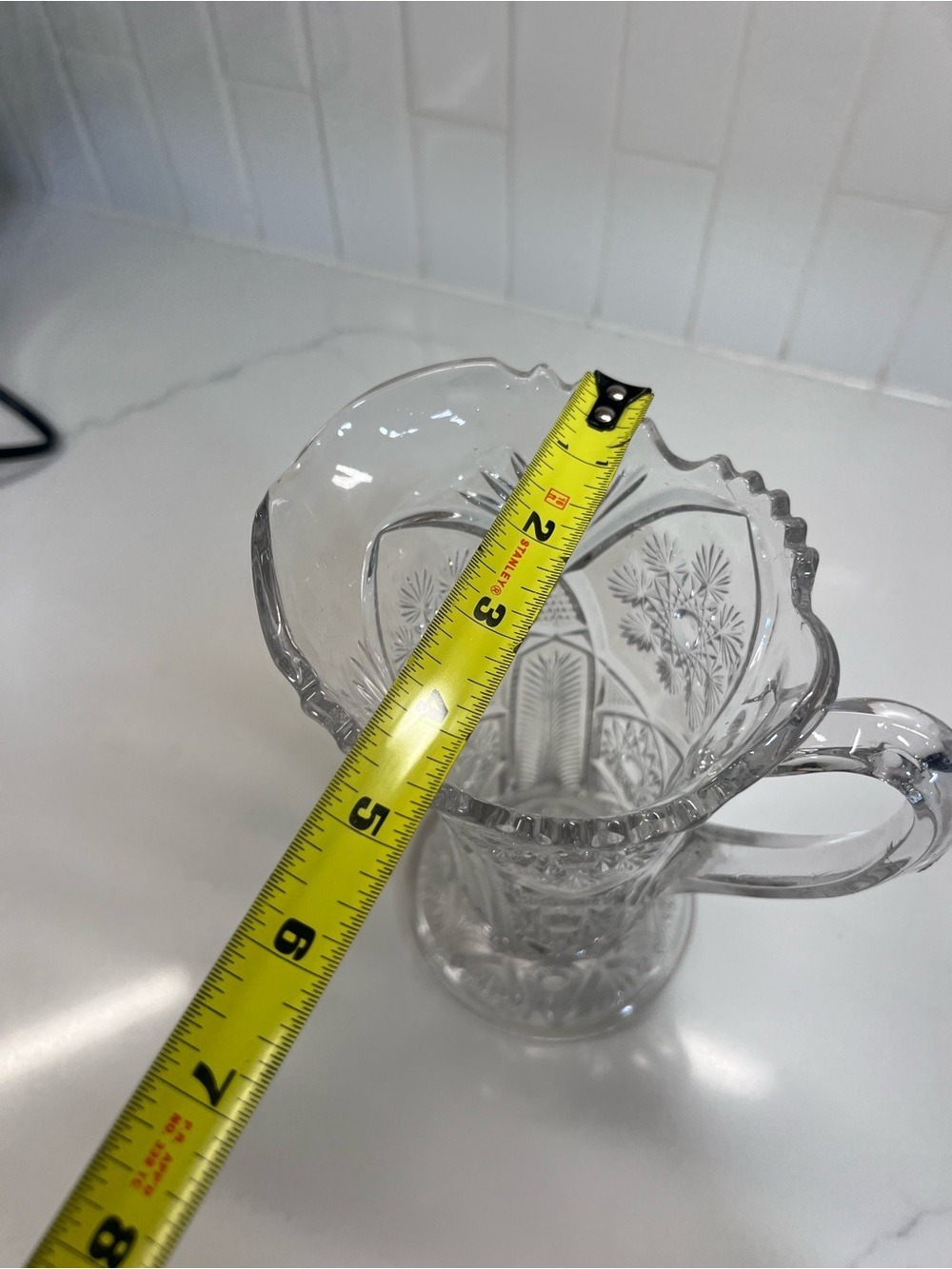 Vintage Pressed Glass 8.5" tall Brilliant Cut Starburst Sawtooth Edge Pitcher - Picture 8 of 10